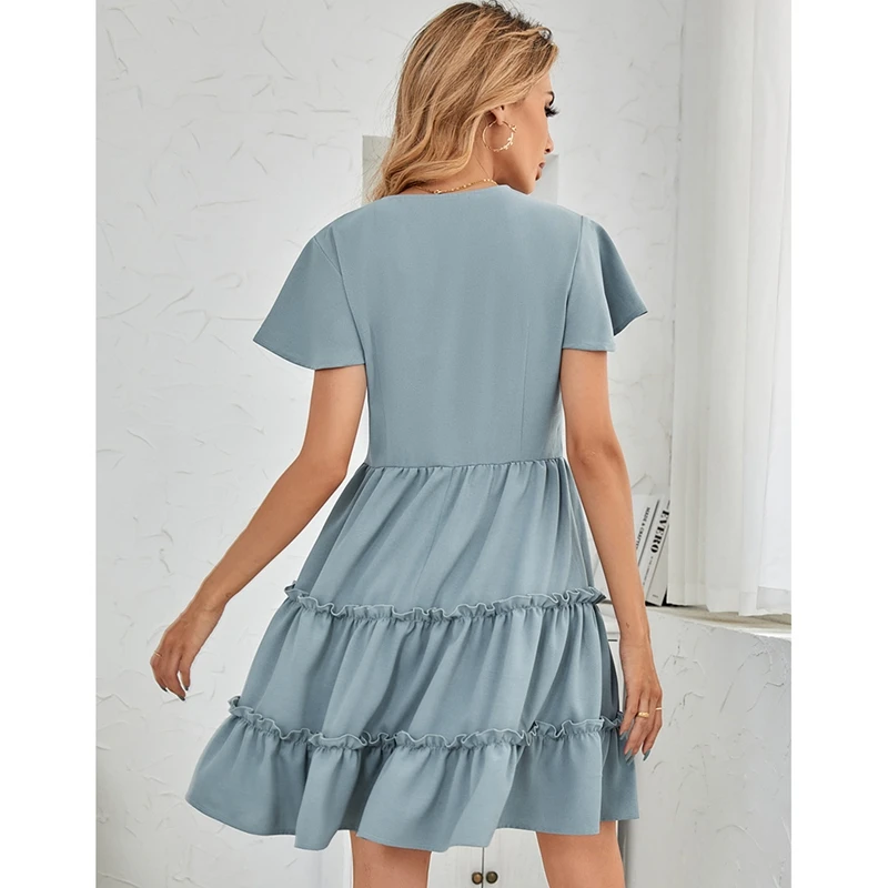 

Women's Short-Sleeve Fashion All-Match Solid Color V-Neck Button Dress Blue