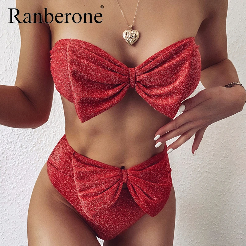 Ranberone бикини с высокой талией 2020 Купальники бандо женские блестящие бантом