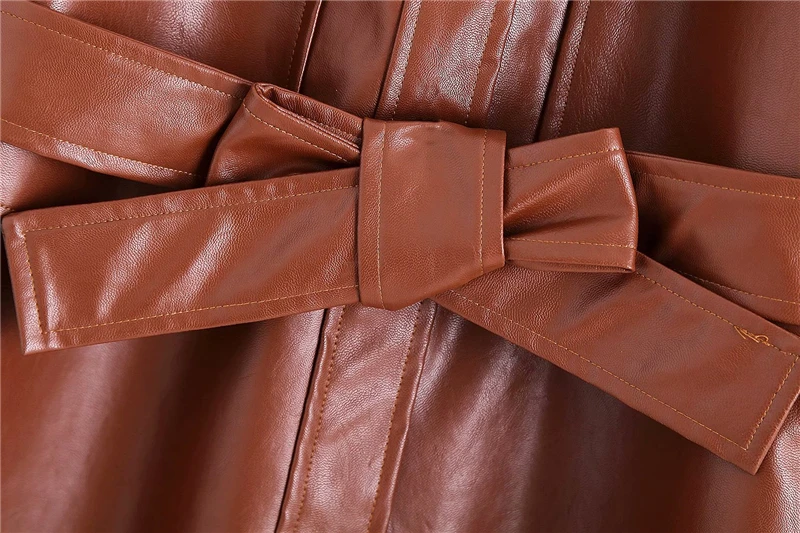 

Streetwear Women Faux Leather Jacket 2020 Fashion Ladies Pockets Long Coats Elegant Female Chic Sashes Button Blazers