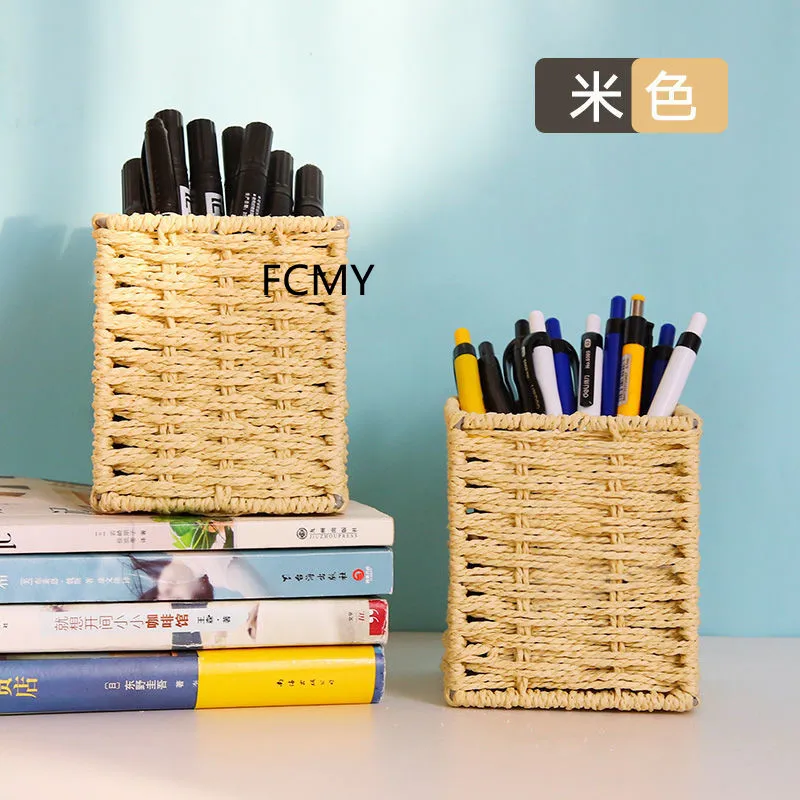 

2021 New Weaving Simple Pen Holder Creative Handmade Straw Storage Box Office Desk Pen Holder Coffee Table Sundries Box