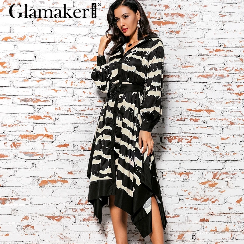 Glamaker асимметричное Полосатое длинное платье с принтом женский пояс, неподшитый край, длинный рукав, элегантное платье осень-зима, вечерние, сексуальные платья