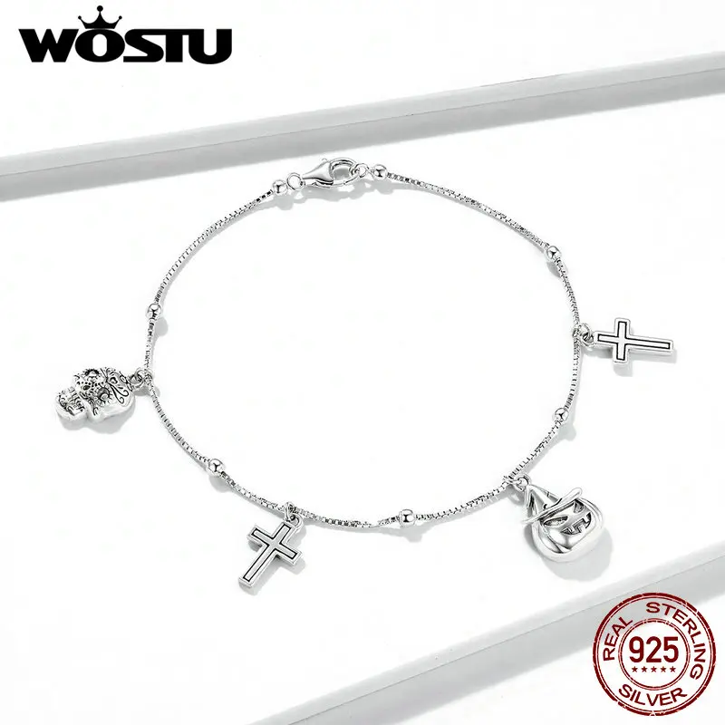 WOSTU Череп Браслеты с привидениями Настоящее серебро 925 пробы Крест на Хэллоуин