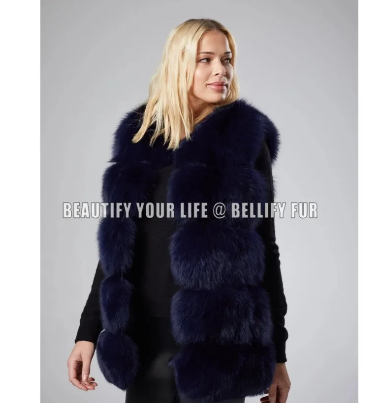 Из натурального Лисьего меховая жилетка, куртка, жилет с коротким рукавов Vestwoman зимние теплые натуральный жилет на натуральном меху Меховая куртка лисий мех пальто - Цвет: Черный