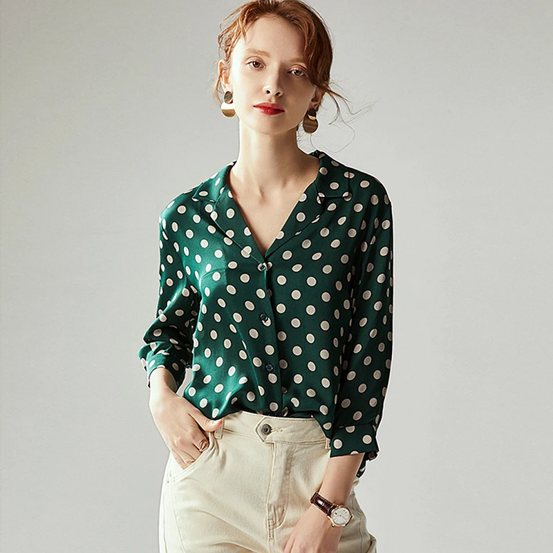 100% High Quality Silk Blouse Woman Casual Polka Dot Shirt Printed Simple Design Three Quarter Sleeve Blouse Office Style