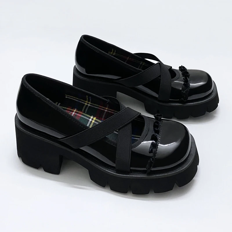 

Retro Lolita Shoes Women Patent leather Harajuku Shoes Casual Creepers Punk Shoes Ladies Platform Pumps Gothic Black Heels