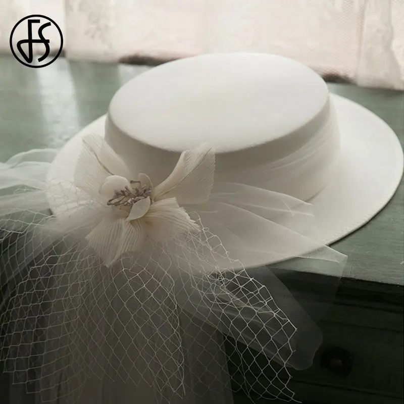 FS  Women Hats Flowers Flat Top Church Hats Fedora 2021 White Veil Hat For Wedding Elegant Wide Brim Kentucky Derby Hat