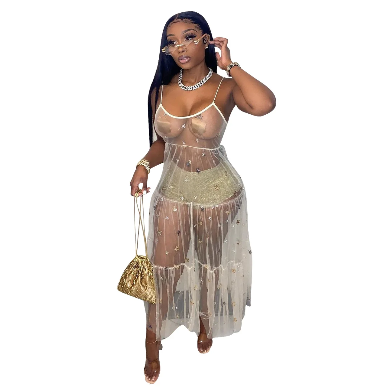 

YD8503 sling sequined gauze dress sexy perspective fashion dress dresses women maxi dresses for women summer 2020 cheap