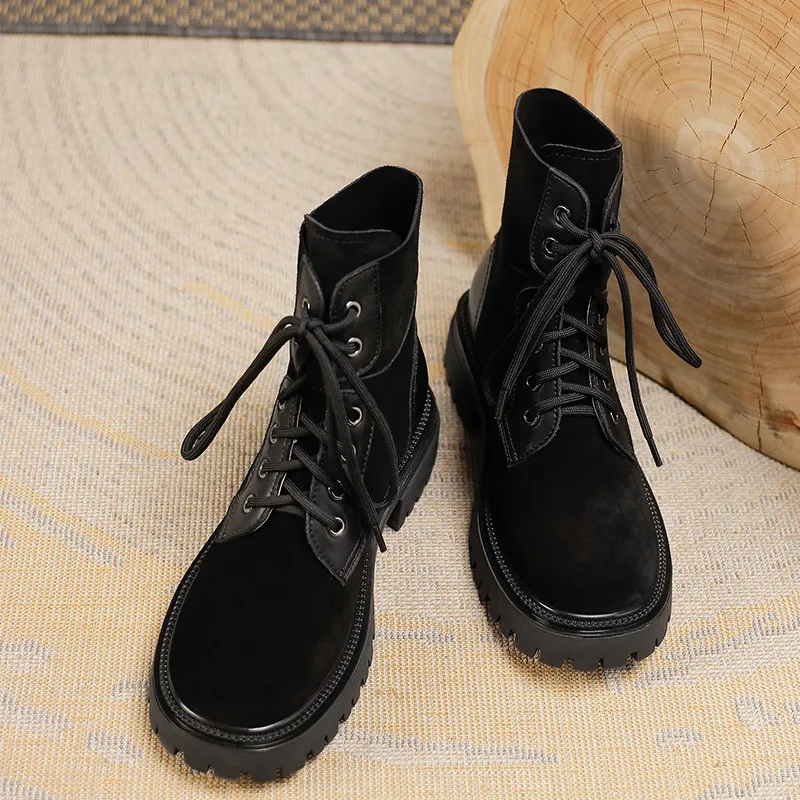 Harga Asumer 2022 Sepatu Bot Hak Tebal Untuk Wanita Sepatu Kulit Suede Hitam Berenda Sepatu Bot Musim Gugur Musim Dingin Perempuan