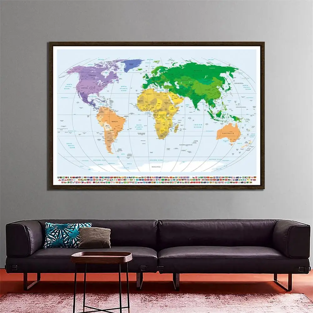 

150x225cm The World Political Map with National Flags Mercator Projection Non-woven Canvas Painting Wall Art Poster Home Decor