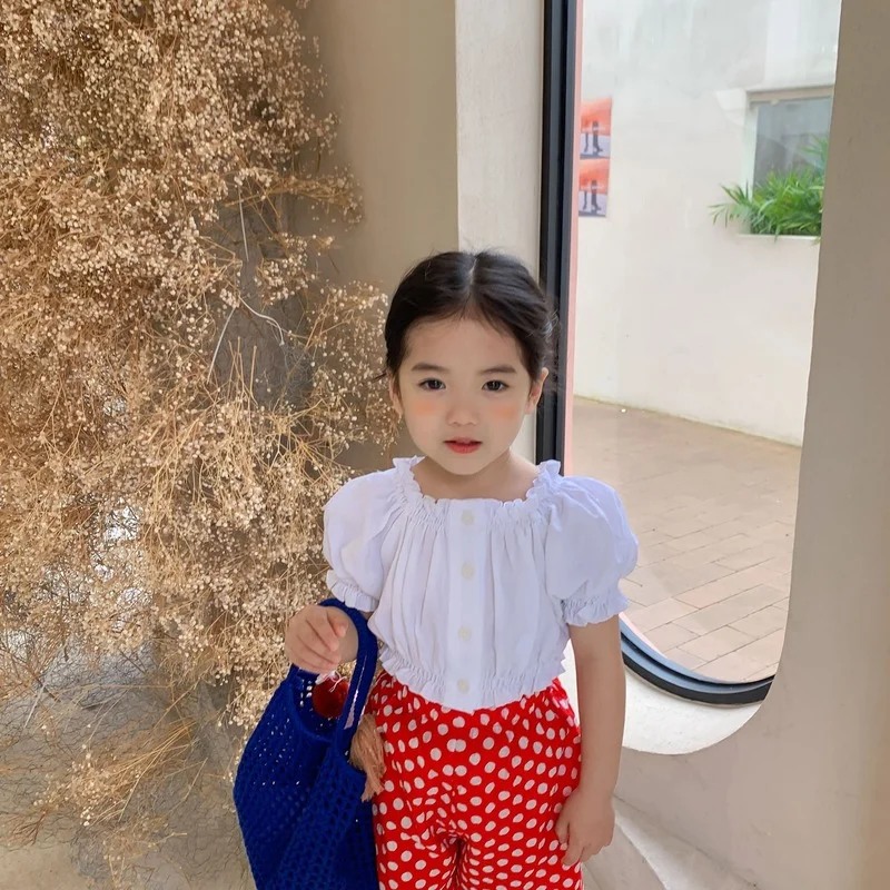 

2021 New Baby Kids Short Sleeve Solid Color Cotton Material Wide-brimmed Fashion Sweater Shirts Kids Baby Top Short Blouses