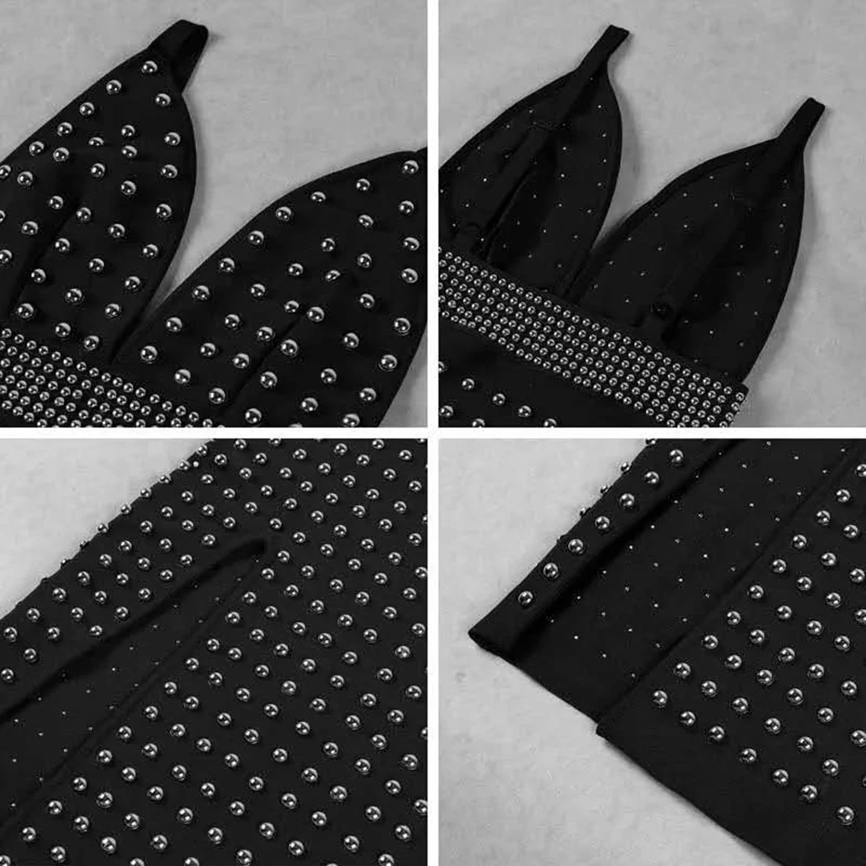 

Sexy Black Backless Rivet Bandage Long Dress Women Sleeveless Deep V-Neck Bodycon Club Celebrity Evening Party Vestidos 2020 New