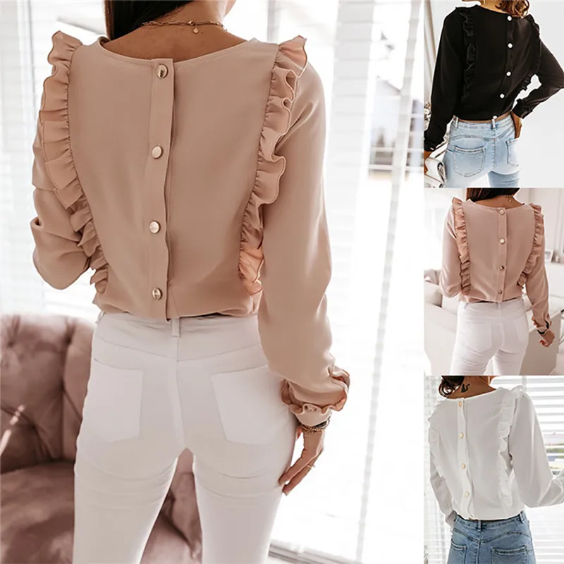 

Women Elegant Solid Color Ruffles Blouse Shirt Autumn Spring O Neck Back Button Blouse OL Office Work New Casual Long Sleeve Top