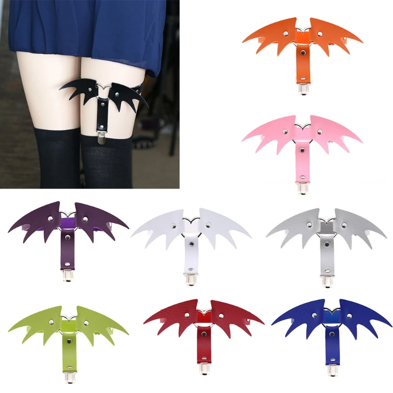 

Women Goth Punk Style Faux Leather Garter Belt Metal Heart Halloween Batwings Adjustable Thigh Ring Harness Clubwear Suspender