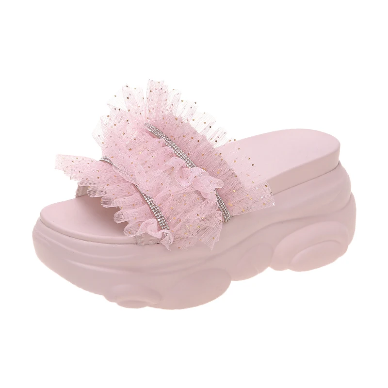 

On A Wedge Shoes Woman 2021 Slippers Soft Luxury Slides Pantofle Heeled Mules Platform Comfort Designer New High Cotton Fabric S