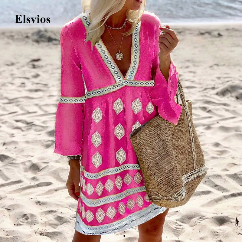 

Summer Retro Print Casual A-line Loose Dress Autumn Flare Long Sleeve Women Beach Dress Fashion Sexy V Neck Female Party Dresses