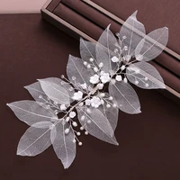 bridal wedding crystal bride hair accessories pearl flower leaves headband handmade hairband beads decoration hairband for women