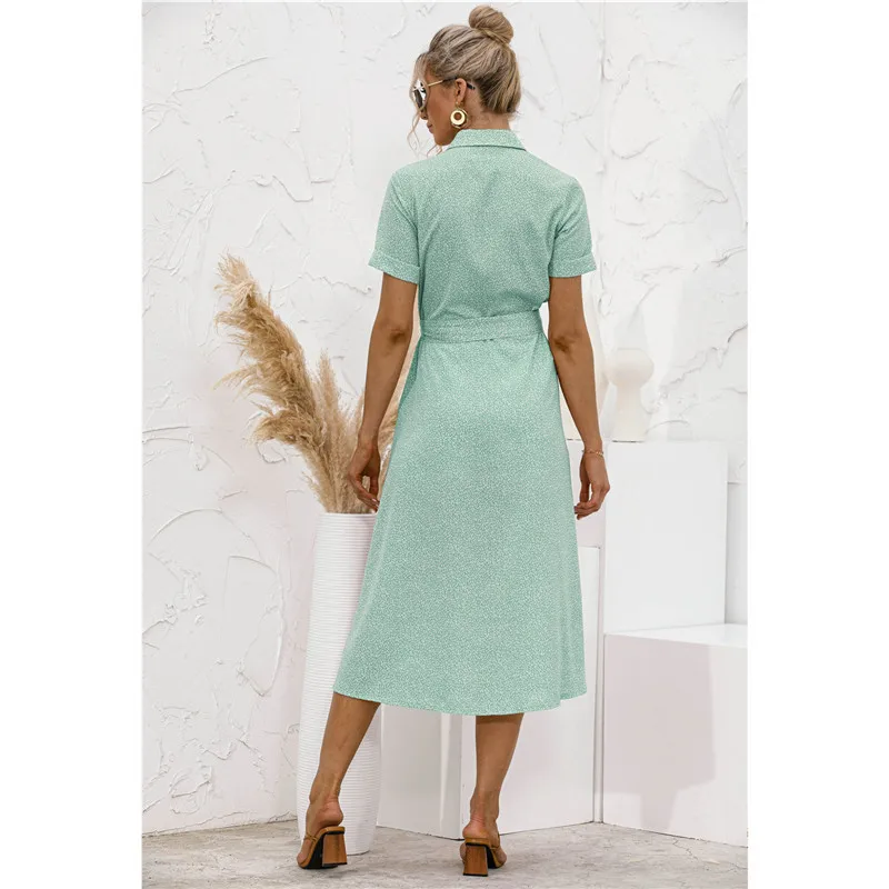 

WEPBEL Women Summer Elegant Dot Print Dress Ladies Sexy Short Sleeve Turn Down Collar Single Breasted Lace Up Dress