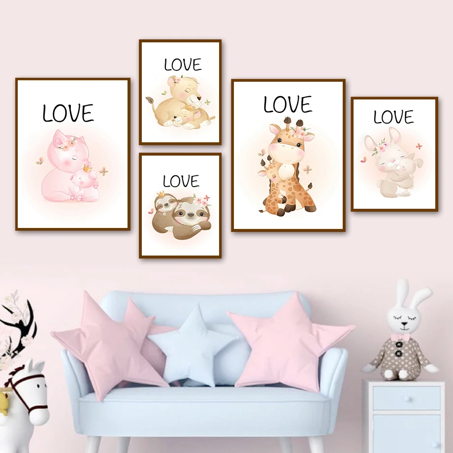

Bunny Giraffe Zebra Lion Pig Sloth Love Family Wall Art Canvas Painting Nordic Posters And Prints Wall Pictures Kids Room Decor