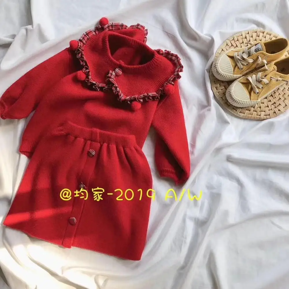 2019 г. Зимние изысканные красные комплекты для маленьких девочек: топ + юбка 5