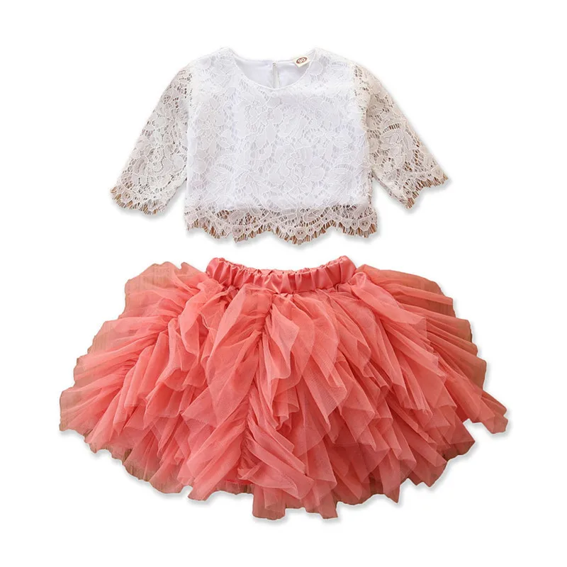 

2020 Spring Girls Clothes Set Fashion Two Piece Toddler Skirt Set Cotton White Lace Top+Tutu Cake Skirt For 2-7Yrs Kids Clothes