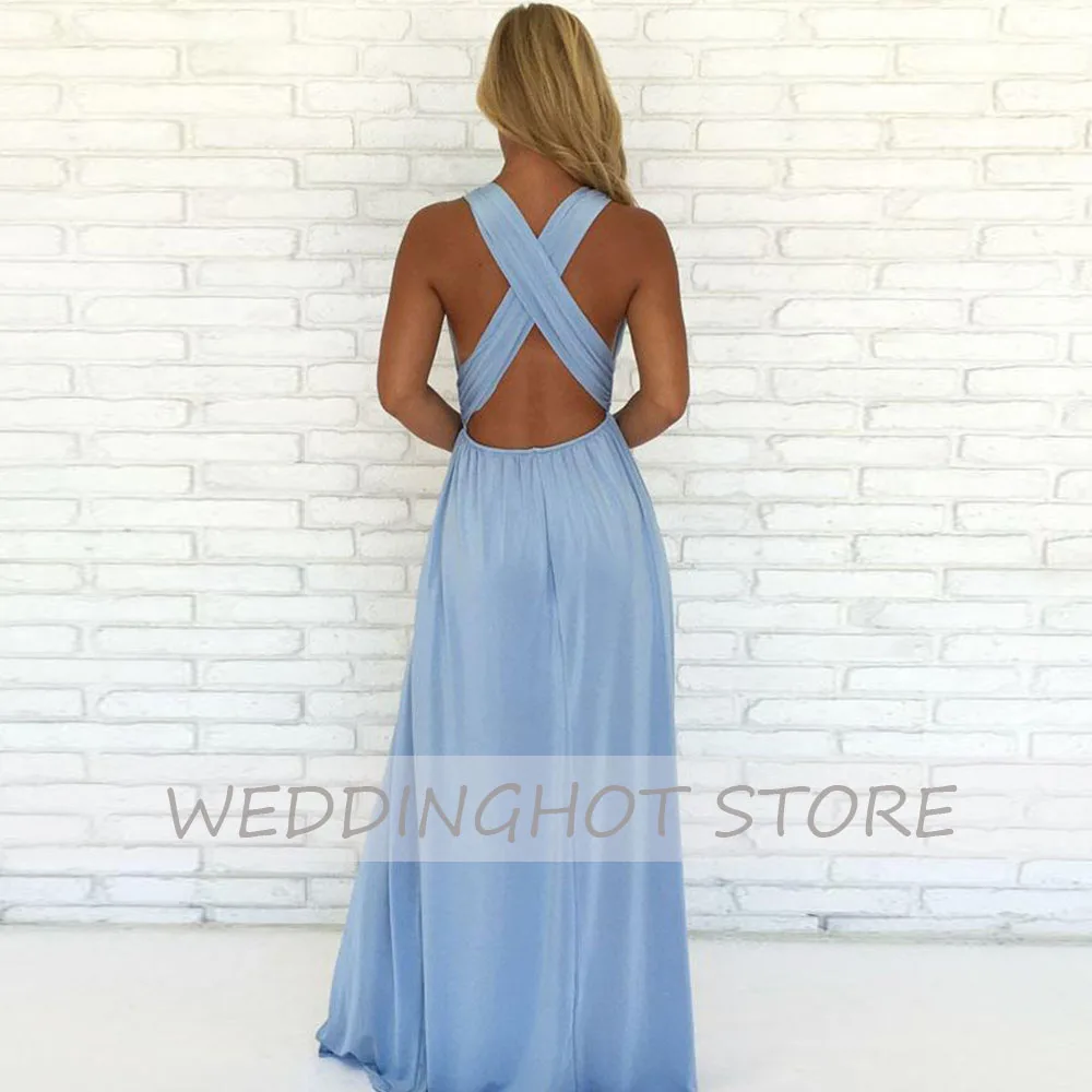 

Light Blue Evening Dresses Long Luxury 2021 A-Line Deep V-Neck Sexy Backless Split Chiffon Eleglant Prom Gowns ​robes de soirée