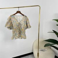 floral print v neck short lantern sleeve women tops high quality elegant office ladies blouses summer fashion 2021