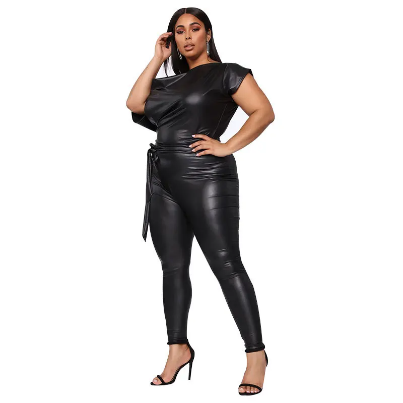 

Overalls For Women Elegant Sexy Ladies Plus Size Jumpsuits And Rompers Casual Hot Style PU Leather Pants Body Bind One Shoulder