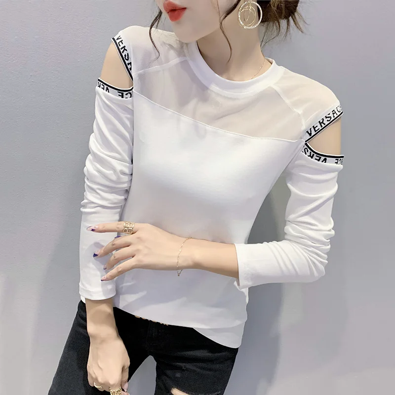 

Женская футболка с открытыми плечами #8518, черная, белая, облегающая, сетчатая, с вырезами