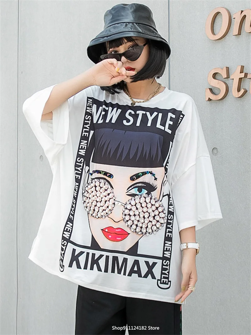 

White Beading Decoration Women T-shirt 2021 Summer Western style Character Print T-shirt Plus Size Female T-shirt Letter Casual