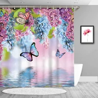 butterfly floral scenery shower curtains watercolor flowers green leaves spring nature fabric girl bathroom decor with hooks