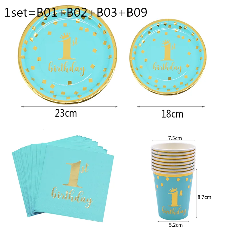 blueT01 1st Birthday Party Supplies Pink Blue Paper Plates Cups Straws Disposable Tableware Banner Gender Reveal Baby Shower Party Decor - Цвет: blueT01