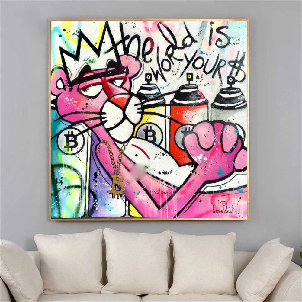 

Graffiti Pink Leopard Canvas Painting Cartoon Art Anime Poster and Prints Wall Pink Panther Pictures for Kids Room Home Decor