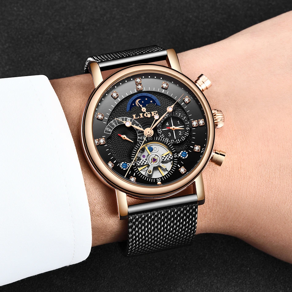 LIGE, подарок, мужские часы, брендовые, Роскошные, модные, Tourbillon, автоматические механические часы, мужские часы из нержавеющей стали, Relogio Masculino