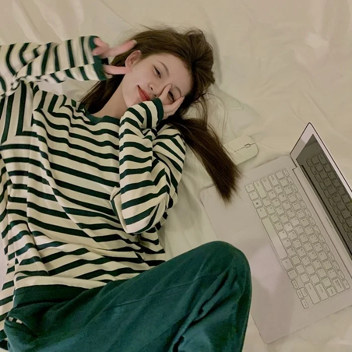 

2021new Autumn Pajamas Suit Women's Korean-style Striped Loose Comfortable Long Sleeve Trousers Home Wear Two-piece Suit Rac