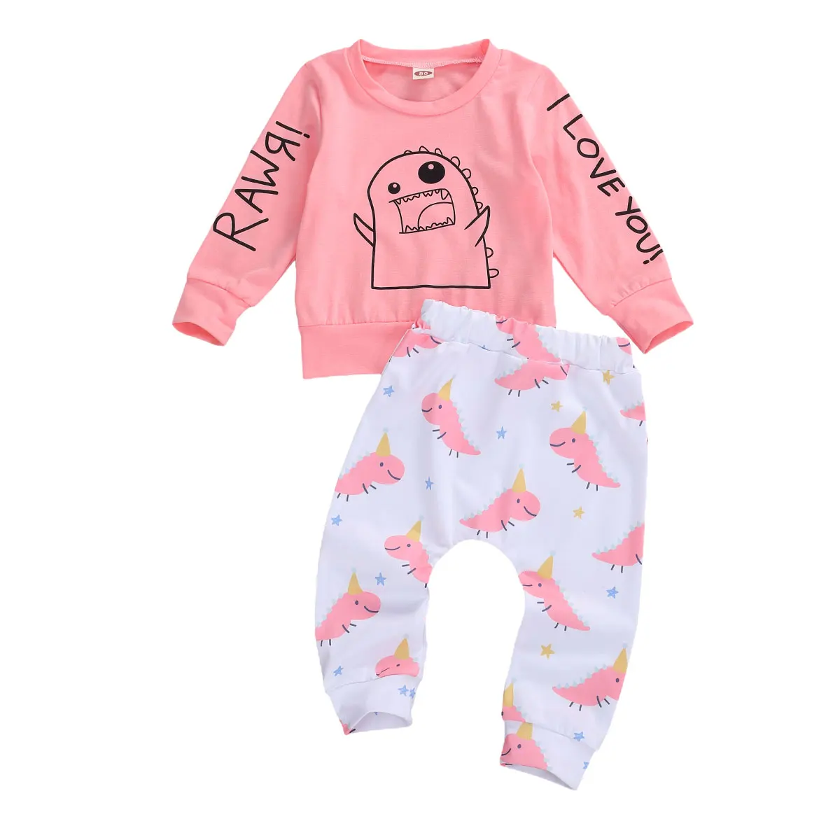

Newborn Baby Girls Fashion 2-piece Outfit Set Long Sleeve Cartoon Dinosaur Print Top and Pants Set 0-3Years
