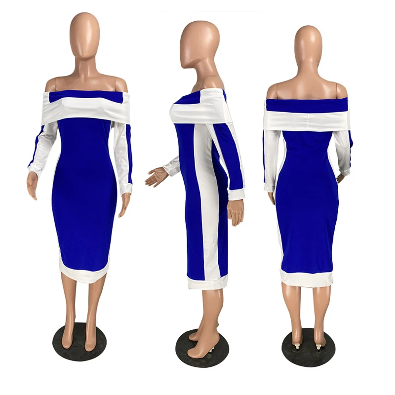 

Zoctuo Color Patchwork Sexy Bodycon Dress Slash Neck Elegant Midi Dress Fashion Long Sleeve Party Club Dresses For Women
