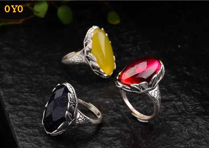 S925 sterling silver ring female opening retro red corundum blue sandstone chalcedony old craft ring new