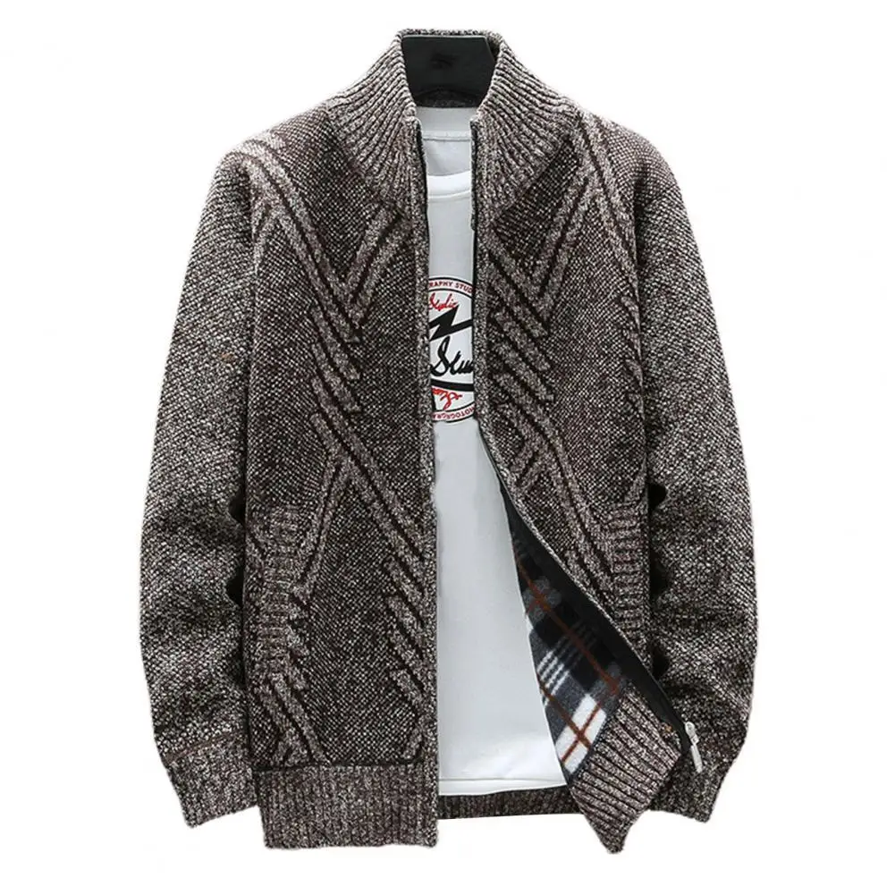 

Men Cardigan Sweater Knitted Long Sleeve Men Cardigan Autumn Winter Geometric Pattern Stand Collar Sweater Coat Outerwear 3XL