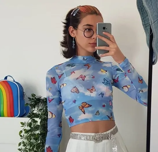 

2020 Summer Women Print Mesh Sheer Long Sleeve See Through T-shirt Crop Top Blouse Tee