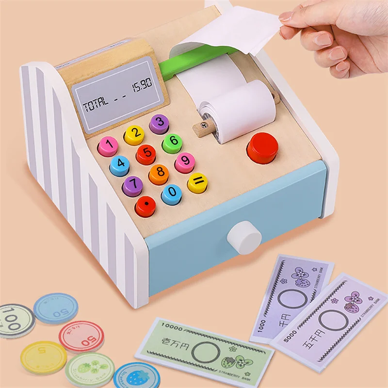 

Simulation Cash Register Toy Kids Checkout Register Wooden Pretend Play Set Kids Educational Toys Games Kids Play House Toys