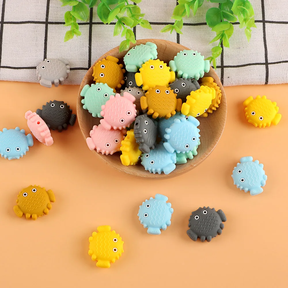 Kovict-Cuentas de silicona de dibujos animados de peces de mar, mordedor Molar para beb&eacute;, cadena de chupete, accesorios de joyer&iacute;a, juguetes de lactancia masticables, 10 Uds.-1