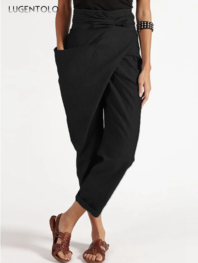 

Lugentolo Women's Pants Loose Irregular High Waist Lacing Casual Pocket Solid Elegant Straight Female Pants