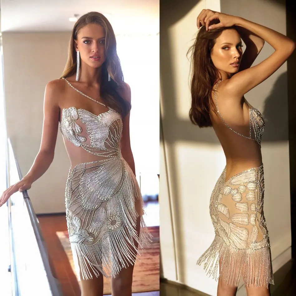 Сексуальные Выпускные платья с кисточками 2020 вечерние на одно плечо бисером и