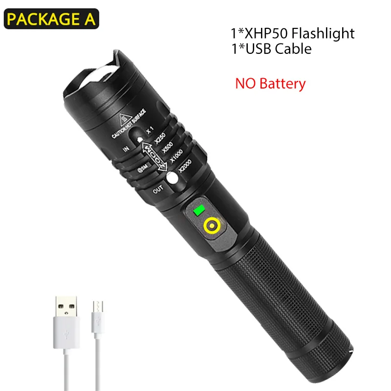 8000lms мощный светодиодный фонарь XHP50.2 перезаряжаемый фонарь с USB зумом, фонарь для кемпинга, охоты, с батареей 18650 26650 - Испускаемый цвет: Package A