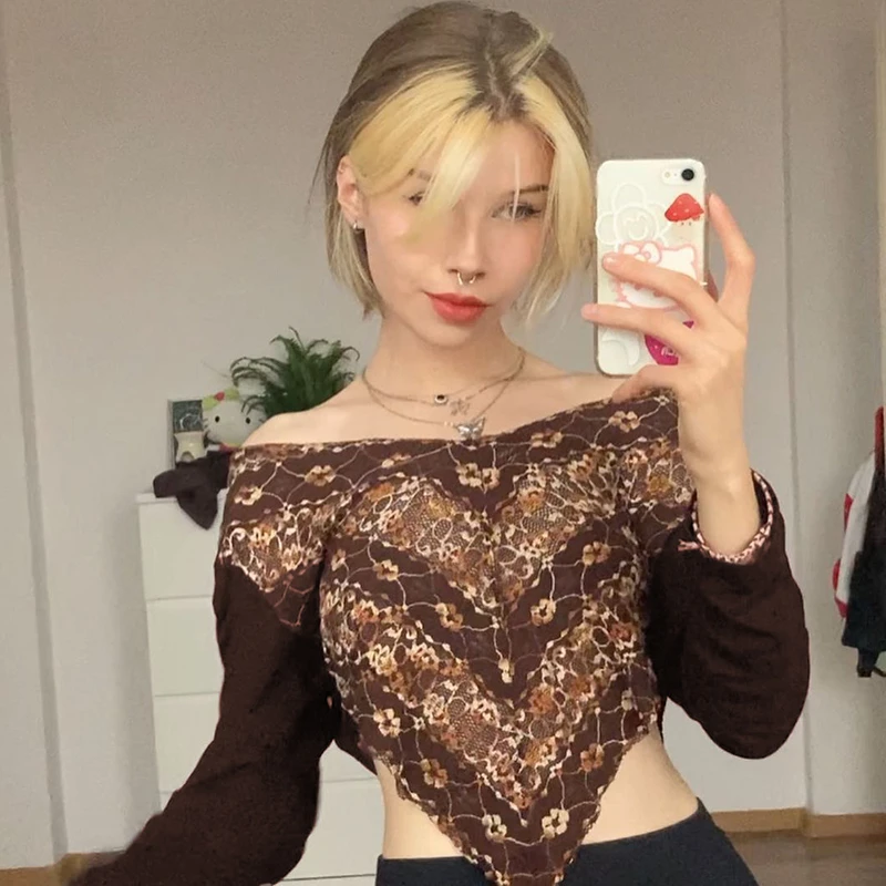 

Женский винтажный укороченный топ с длинным рукавом, стильный уличный облегающий пуловер, Модный женский топ с глубоким вырезом и открытым...