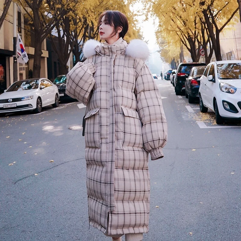 

X-Long Loose Thick 2021 New Fashion Women Plaid Cotton Casual Coat Korean White Duck Below Tthe Knee Hooded Winter Warm Jackets