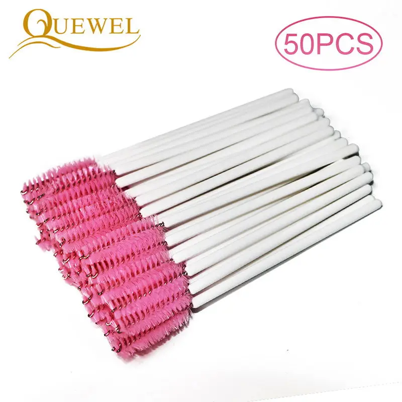 50PCS pink-white Quewel наращивание ресниц одноразовые щеточки с тушью для ресниц палочка аппликатор ресницы Косметическая щетка для основы кисти для макияжа инструменты - Handle Color: 50PCS pink-white
