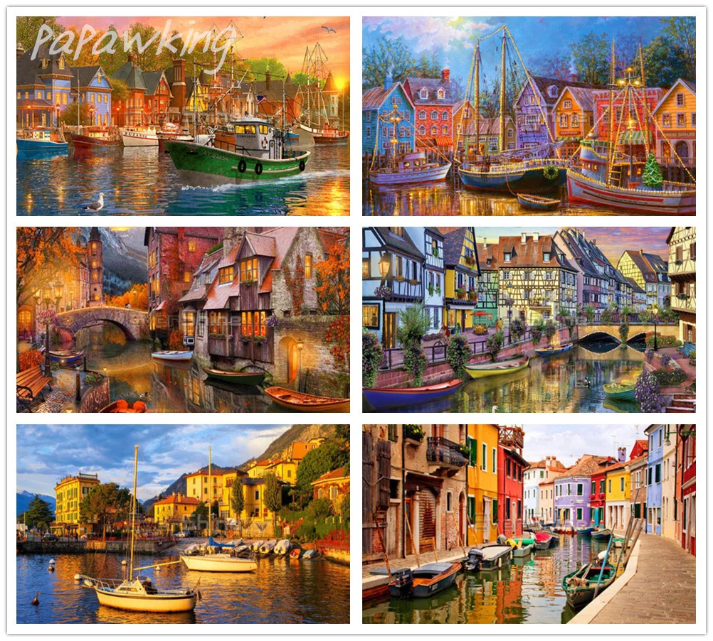 

Diy Waterside Town Diamond Painting Full Diamond Boat Ship Cross Stitch Kit Art Rhinestone Embroidery Home Decoration Pictures