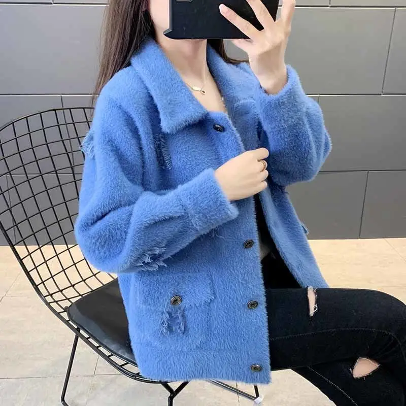 

Women New Autumn and Winter Short Faux Mink Fur Sweaters Female Korean Fashion Single Breasted Knitted Sweater Cardigan R148