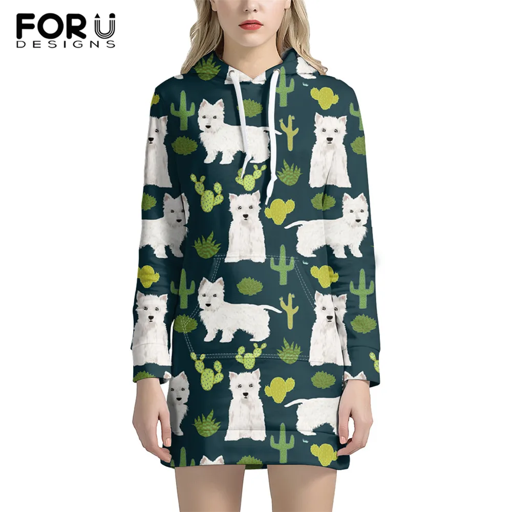 

FORUDESIGNS Lovely West Highland White Terrier Cactus Design Casual Hoodies for Women Loose Sweatshirt Ladies Cute Cartoon Tops